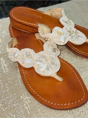 Mystique Boutique Brown Leather Sandals with White Beaded Floral Accents